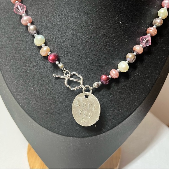 Unique handmade Pearl Necklace with stamped Love You Pendant - Picture 2 of 5